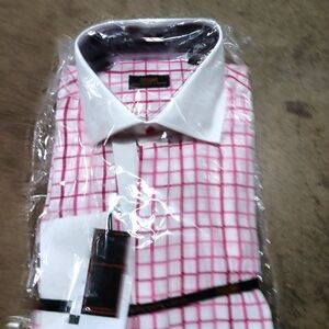 New Men's Steven Land Red And Fuscia Cufflink Dress Shirt Size 16.5x34/35